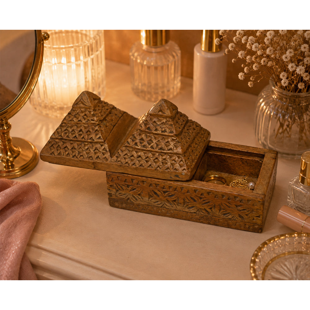 Handcrafted Wooden Jewelry Box | Carved Indian Tribal Style Trinket Box - 2026080301NWF
