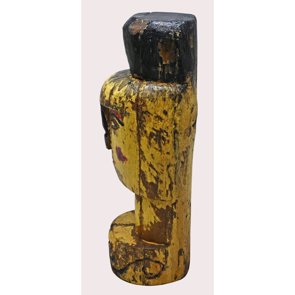 Hand-painted tribal wooden king bust figurine in black brown and antique gold finish, angled view