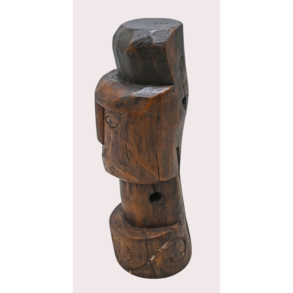 Handcrafted tribal wooden face sculpture in dark brown rustic finish, product view 2