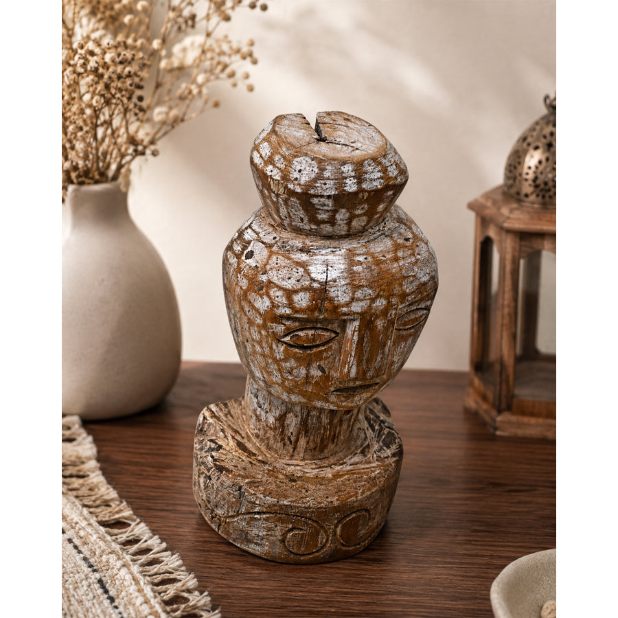 Handcrafted tribal wooden face sculpture with textured carving and rustic folk art detail, product view 1