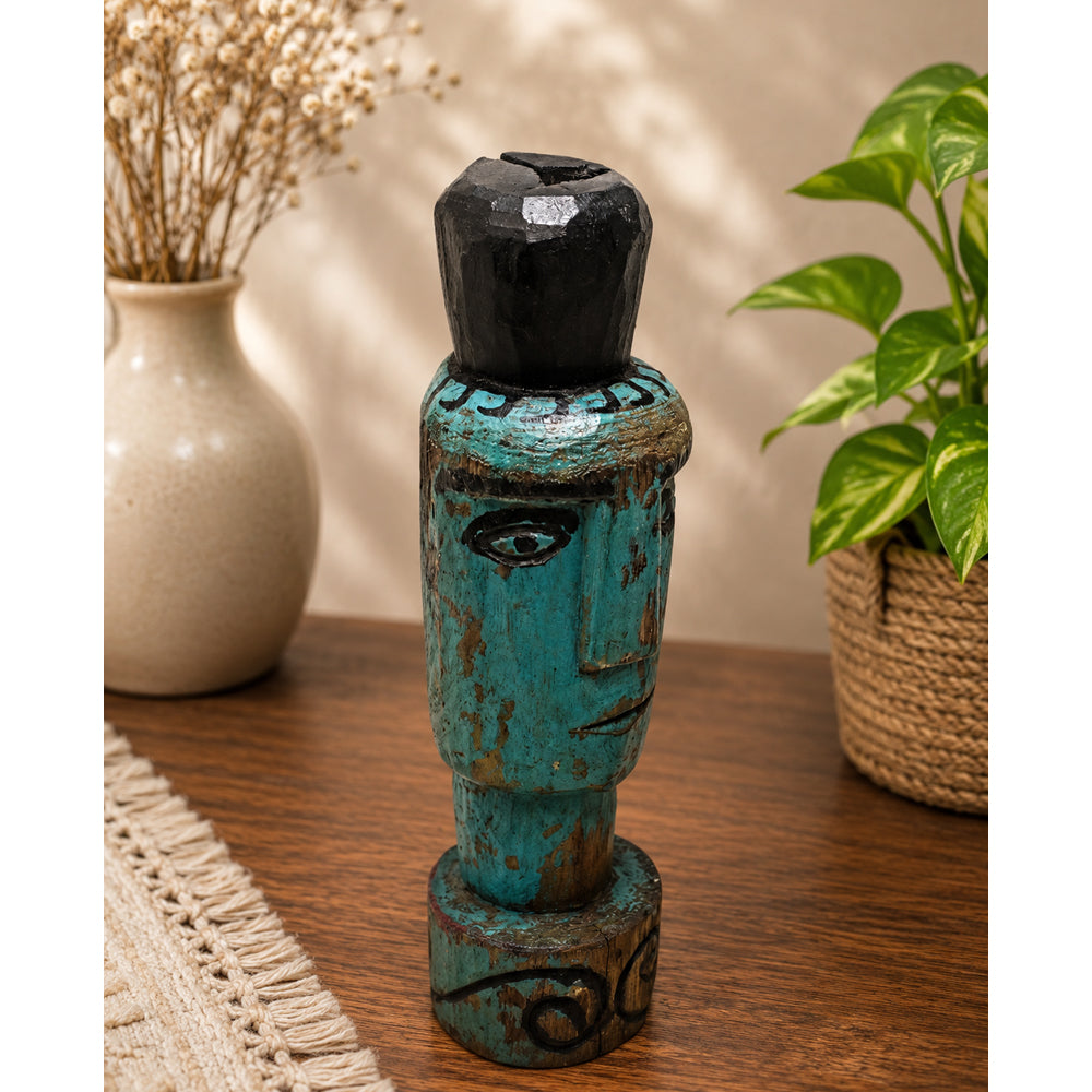Handcrafted Tribal Wooden Figurine – Blue Antique Finish - 2026081205UNQ