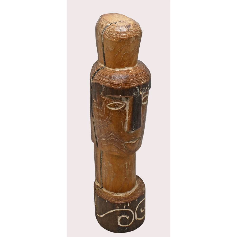 Natural brown handcrafted tribal wooden face sculpture with rustic carved details, decorative finish view