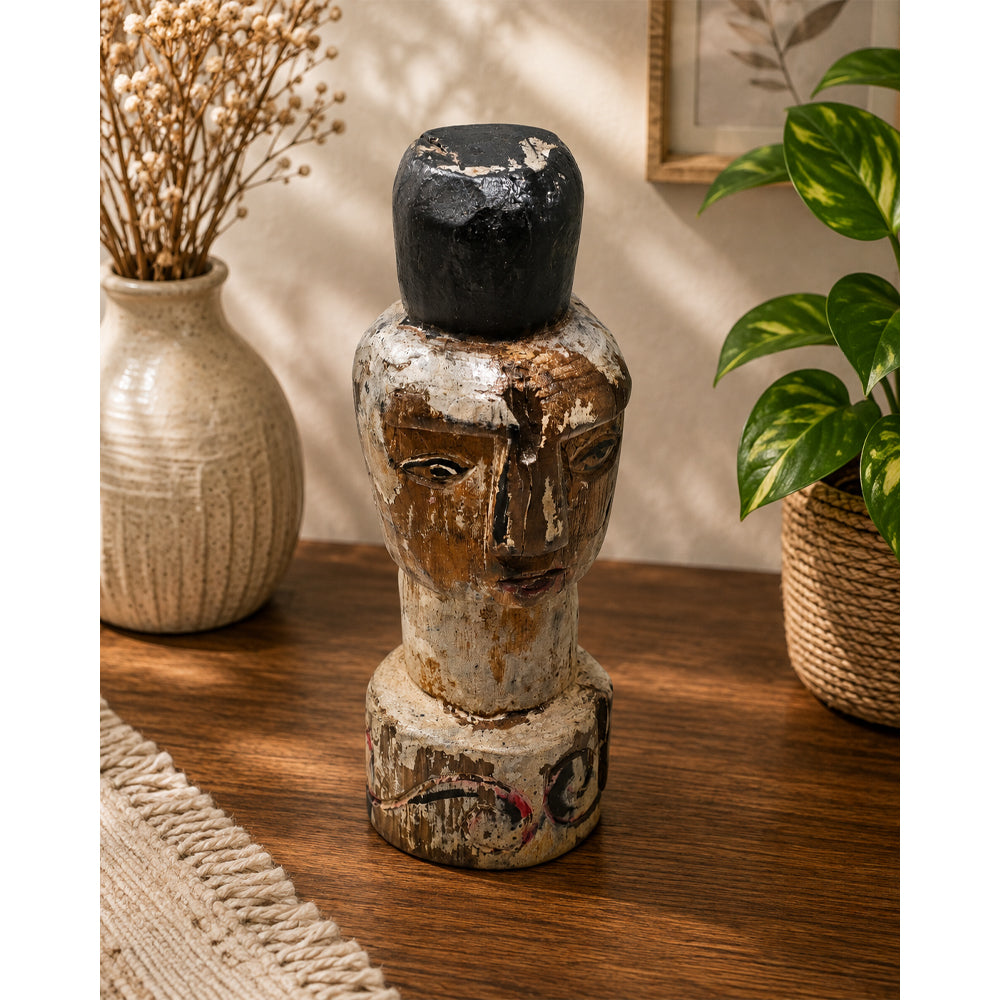 Handcrafted Tribal Wooden Face Sculpture – Distressed Antique Finish - 2026081206UNQ