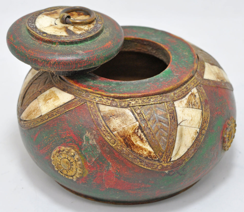 Vintage Wooden Round Opium Tobacco Box Original Old Hand Crafted Brass Fitted