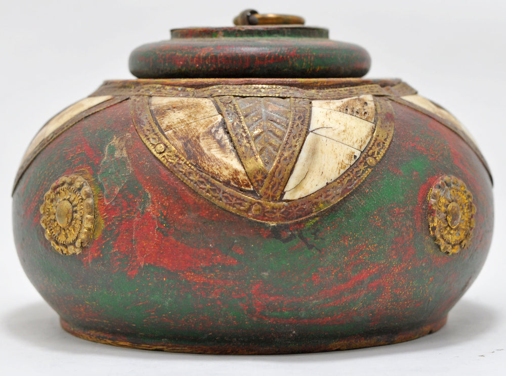 Vintage Wooden Round Opium Tobacco Box Original Old Hand Crafted Brass Fitted