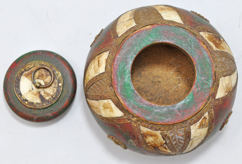Vintage Wooden Round Opium Tobacco Box Original Old Hand Crafted Brass Fitted