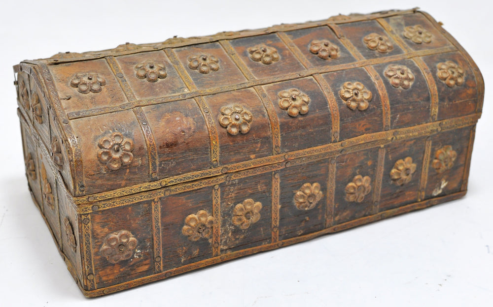 Vintage Wooden Small Dome Shape Box Original Old Hand Crafted Brass Fitted