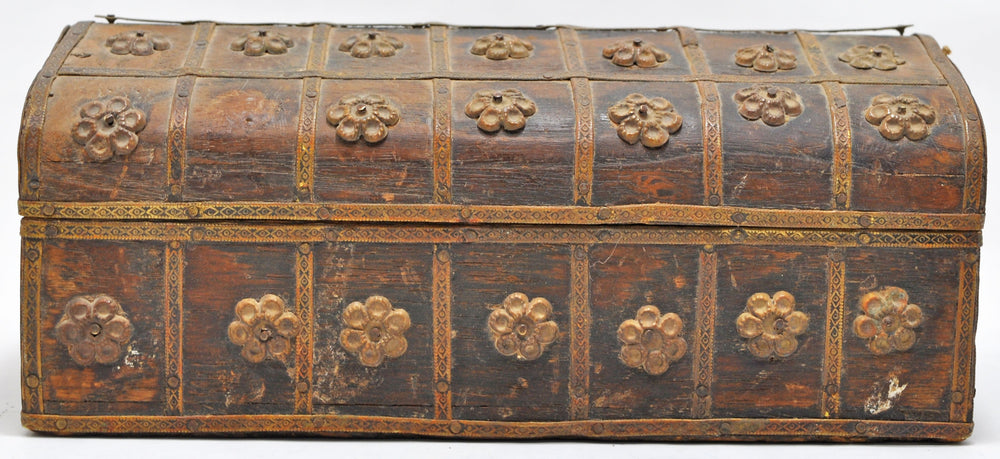 Vintage Wooden Small Dome Shape Box Original Old Hand Crafted Brass Fitted