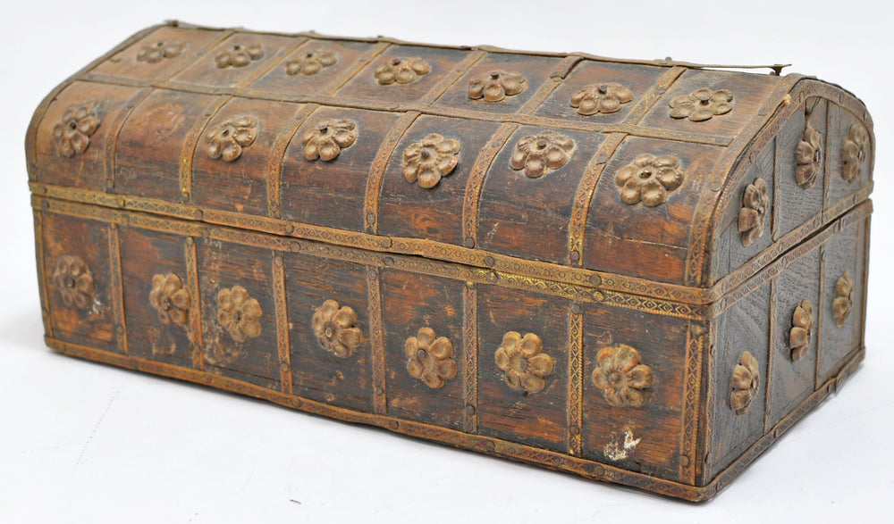 Vintage Wooden Small Dome Shape Box Original Old Hand Crafted Brass Fitted