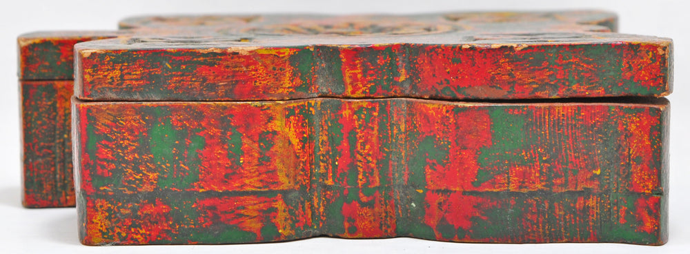 Vintage Wooden Floral Shape Box Original Old Hand Carved Painted