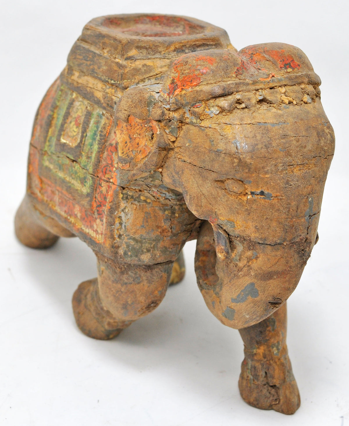 Vintage Wooden Walking Elephant Statue Figurine Original Old Hand Carved Painted