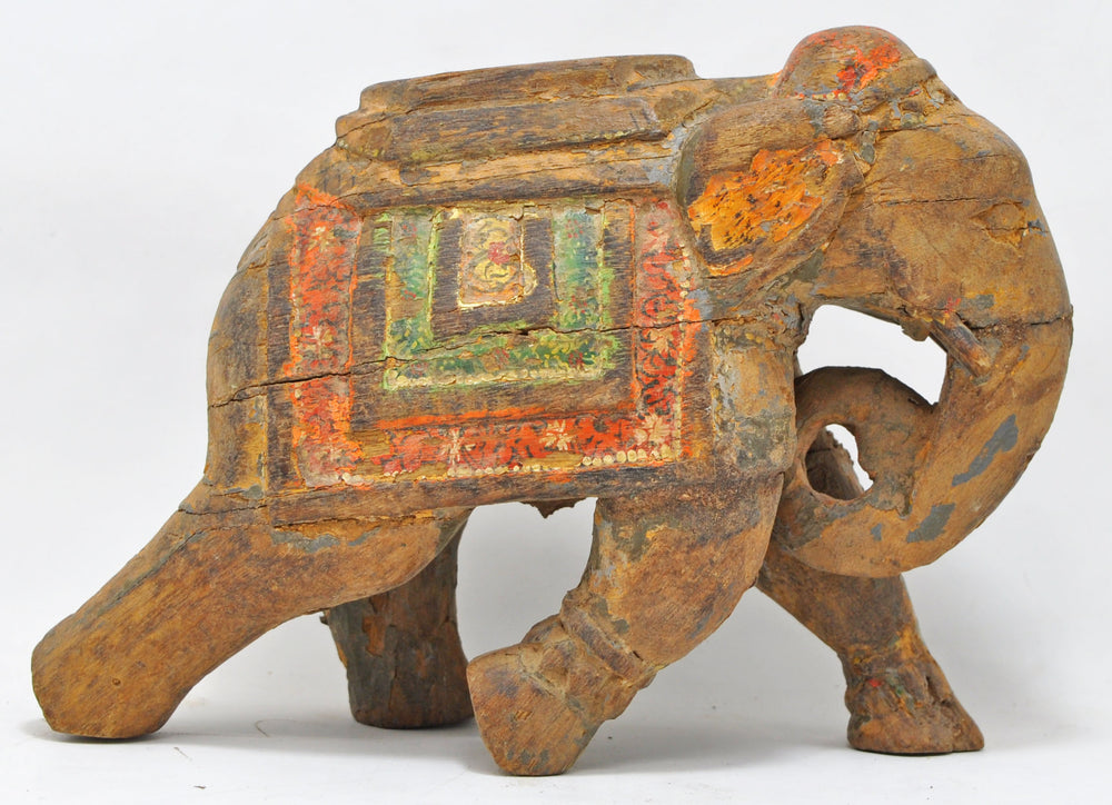 Vintage Wooden Walking Elephant Statue Figurine Original Old Hand Carved Painted