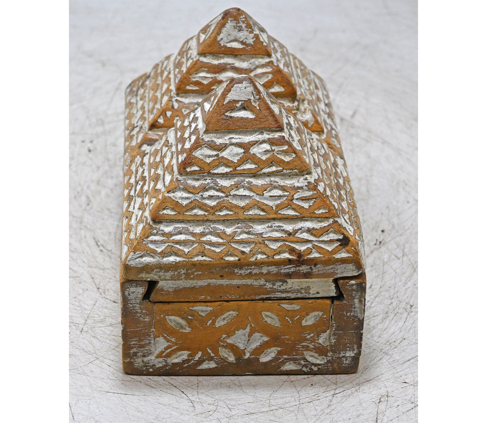 Handcrafted Wooden Carved Spice Box with Dual Pyramid Lid