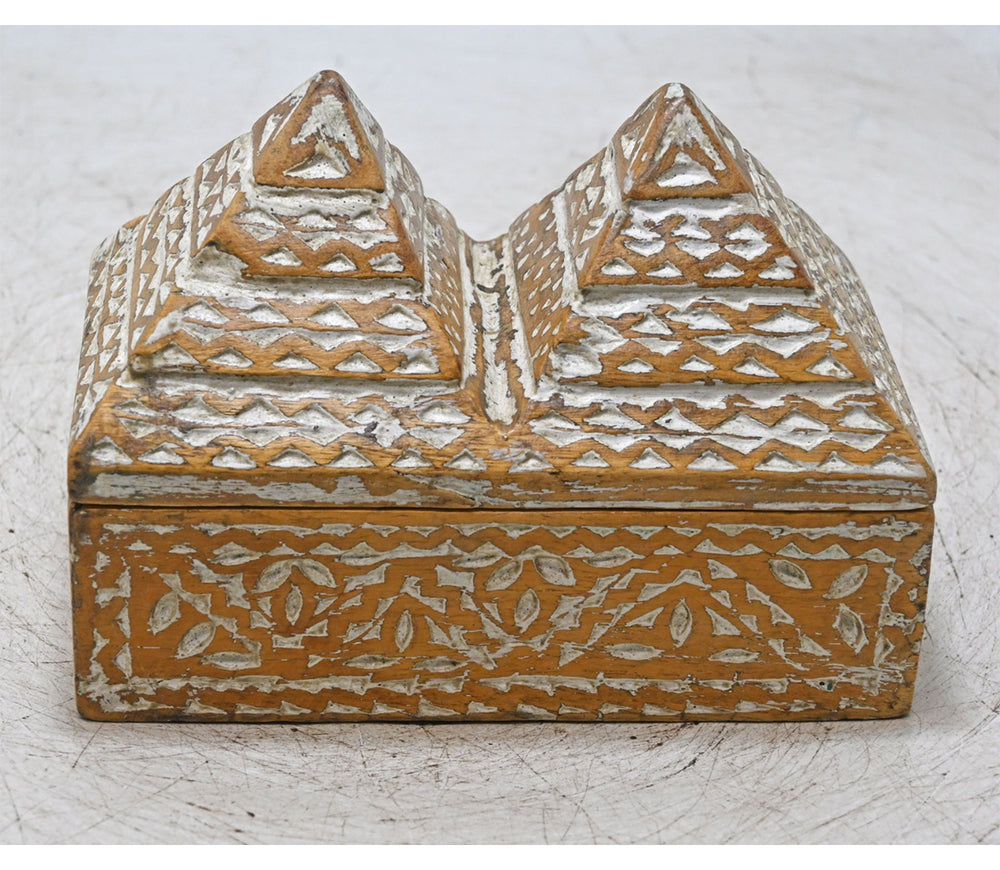 Handcrafted Wooden Carved Spice Box with Dual Pyramid Lid