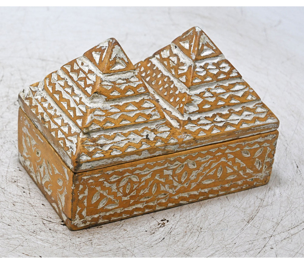 Handcrafted Wooden Carved Spice Box with Dual Pyramid Lid