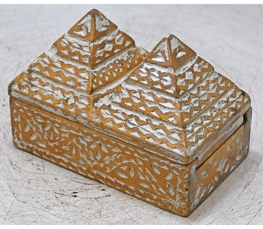Handcrafted Wooden Carved Spice Box with Dual Pyramid Lid