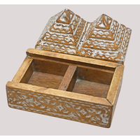 Handcrafted tribal wooden jewelry box with pyramid lid and carved details, side view