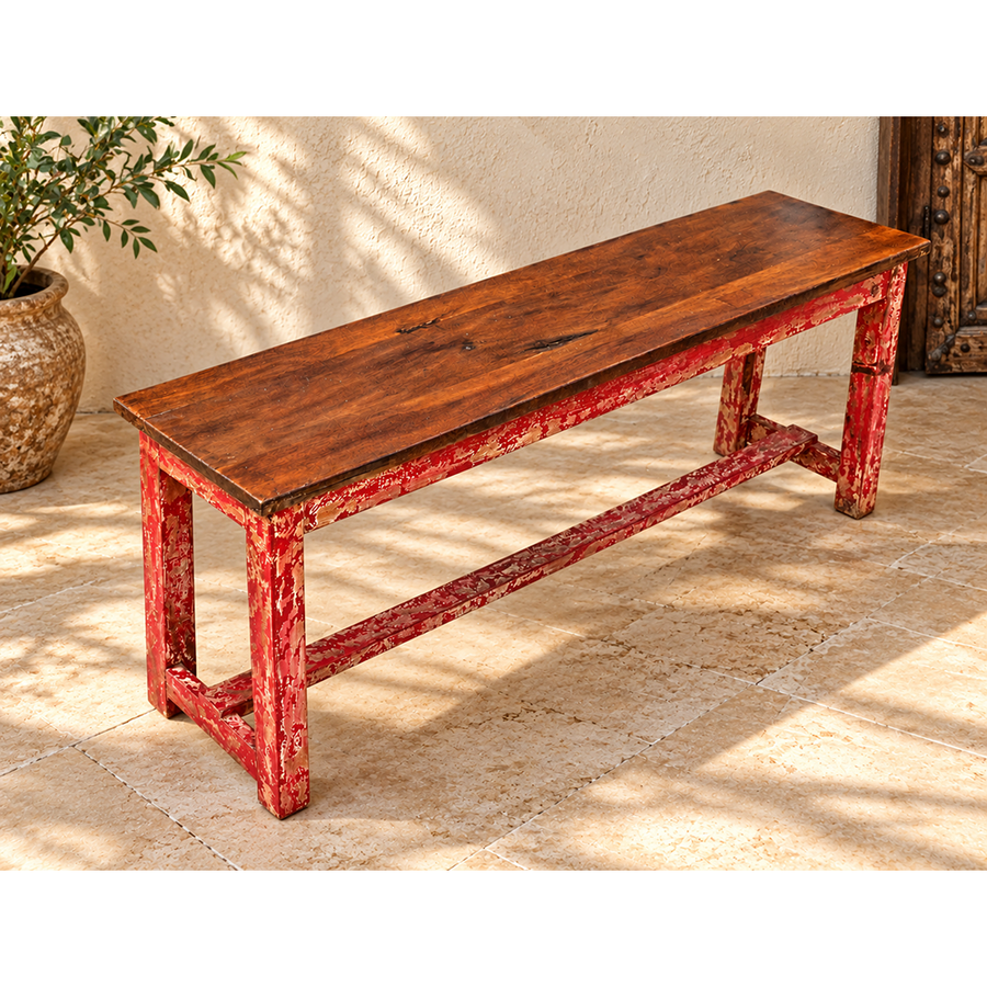 Vintage Handcrafted Wooden Rustic Bench with Distressed Red Finish – Traditional Long Seating Bench-2026102203UNQ
