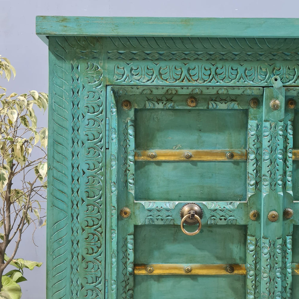 Indian Vintage Hand Carved Solid Wood Bar Cabinet Green