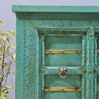 Indian Vintage Hand Carved Solid Wood Bar Cabinet Green