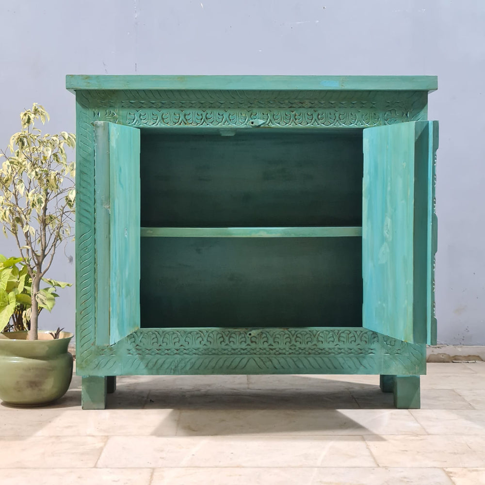Indian Vintage Hand Carved Solid Wood Bar Cabinet Green