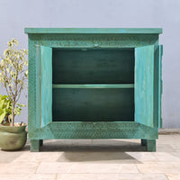 Indian Vintage Hand Carved Solid Wood Bar Cabinet Green