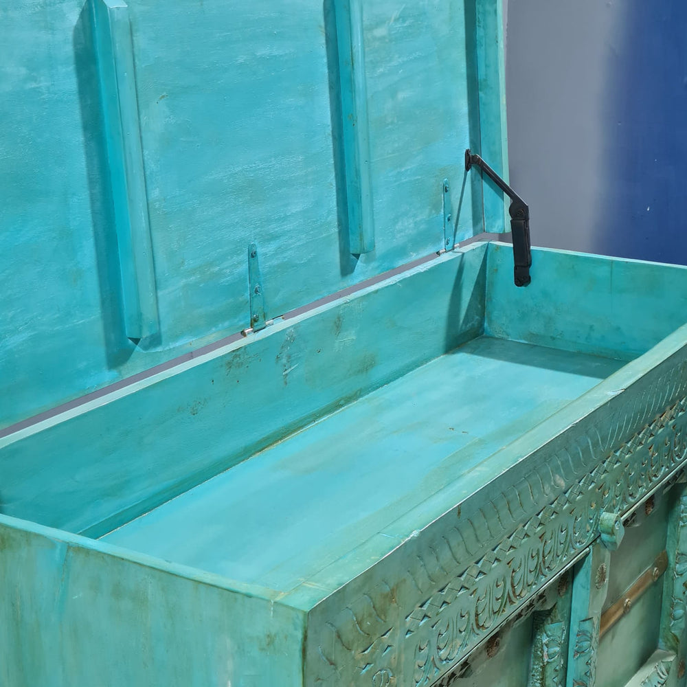 Indian Vintage Hand Carved Solid Wood Bar Cabinet Green