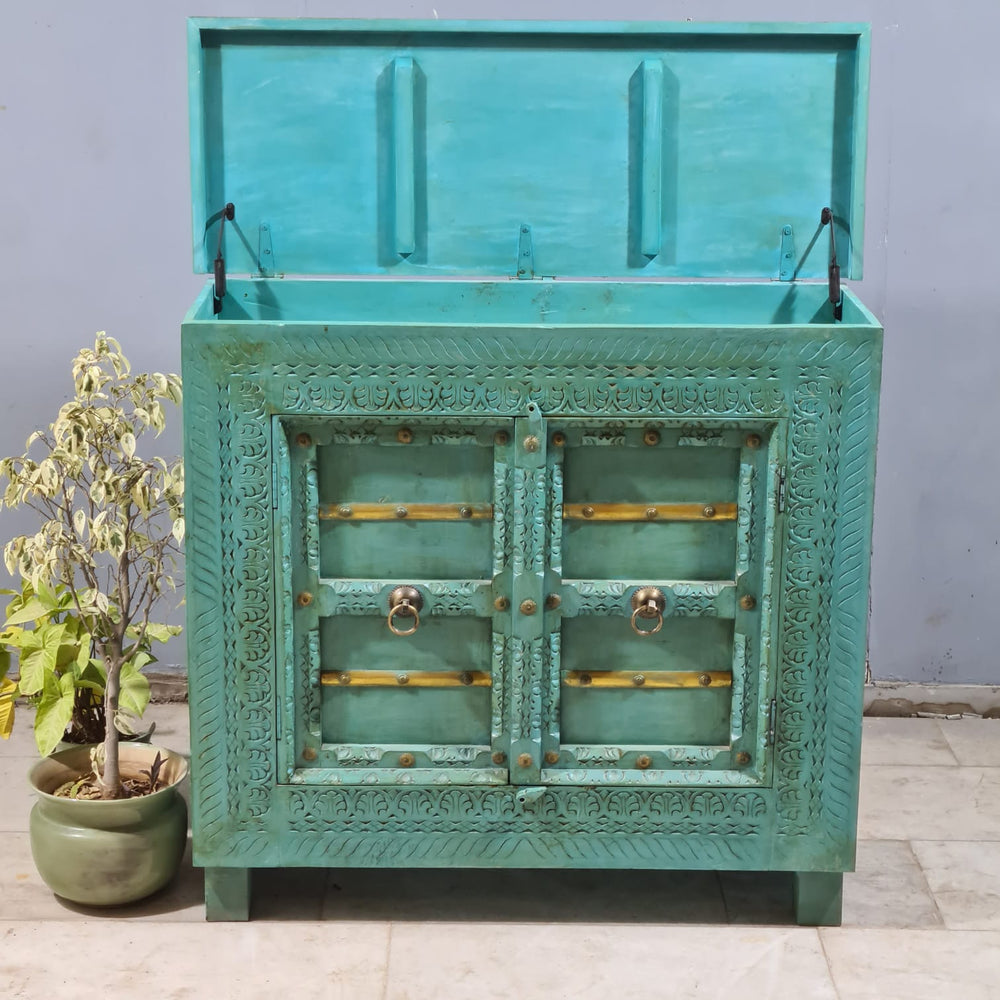 Indian Vintage Hand Carved Solid Wood Bar Cabinet Green