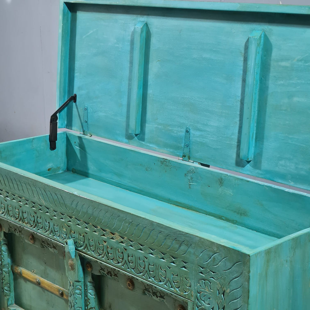 Indian Vintage Hand Carved Solid Wood Bar Cabinet Green