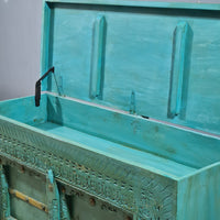 Indian Vintage Hand Carved Solid Wood Bar Cabinet Green