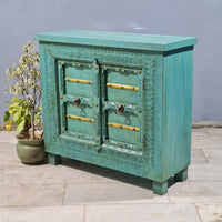 Indian Vintage Hand Carved Solid Wood Bar Cabinet Green