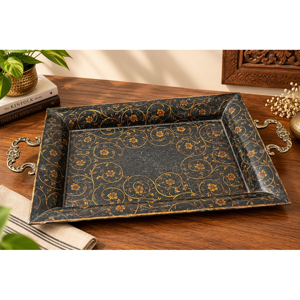 Hand-painted iron serving tray with brass handles, front view