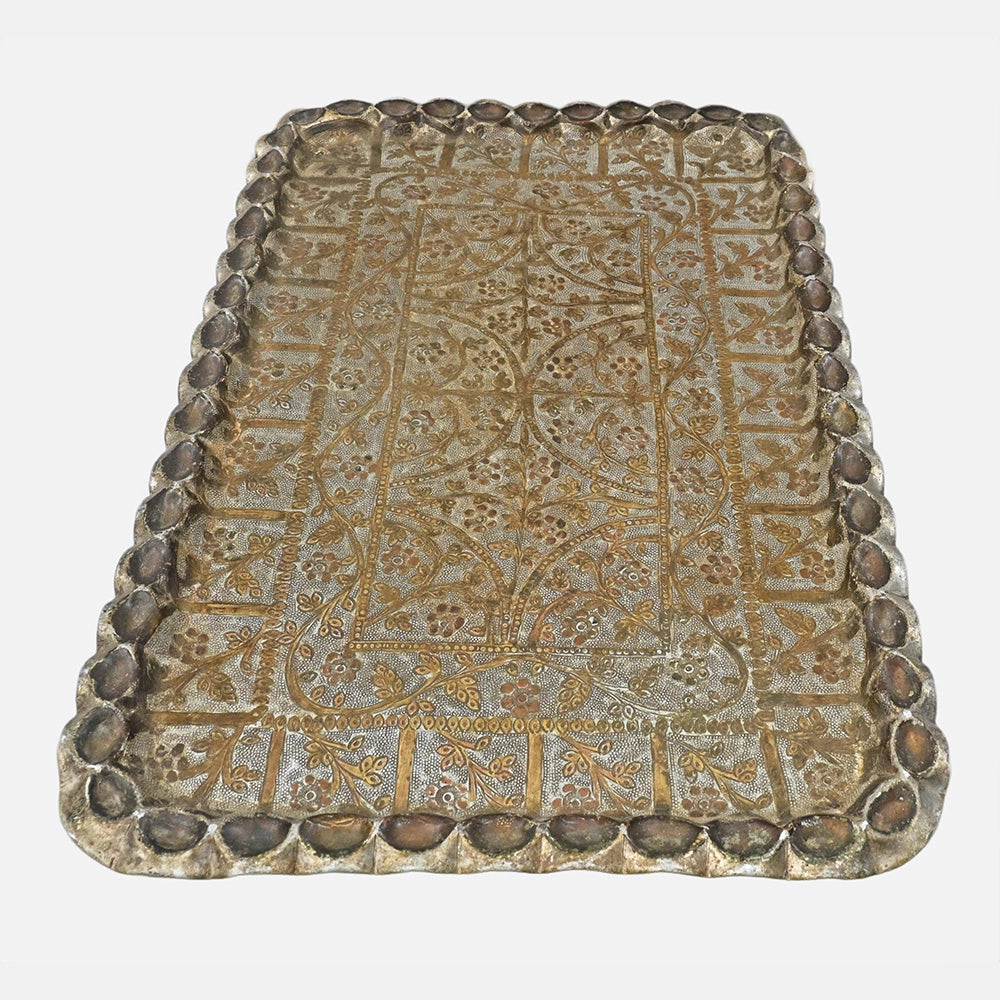 Angled view of antique handcrafted serving tray