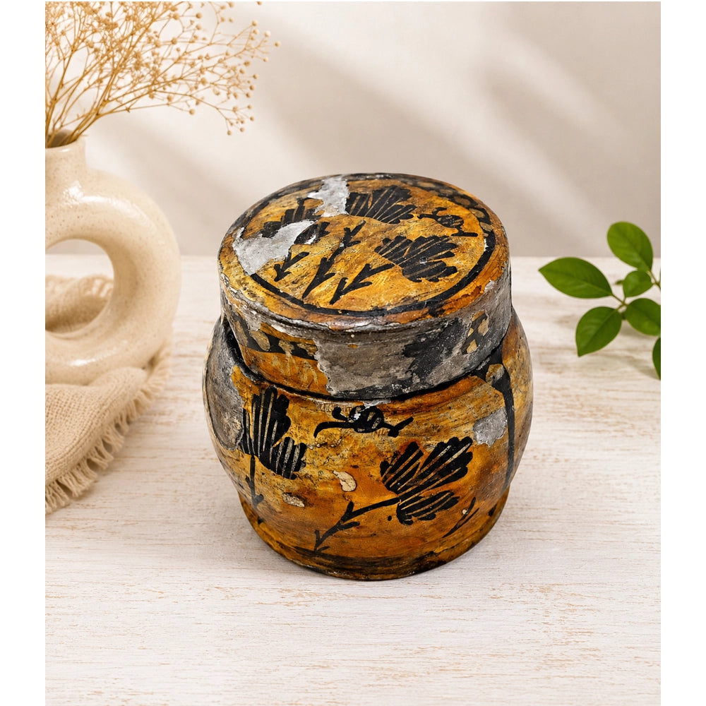Antique hand-painted papier-mâché floral decorative box, front view