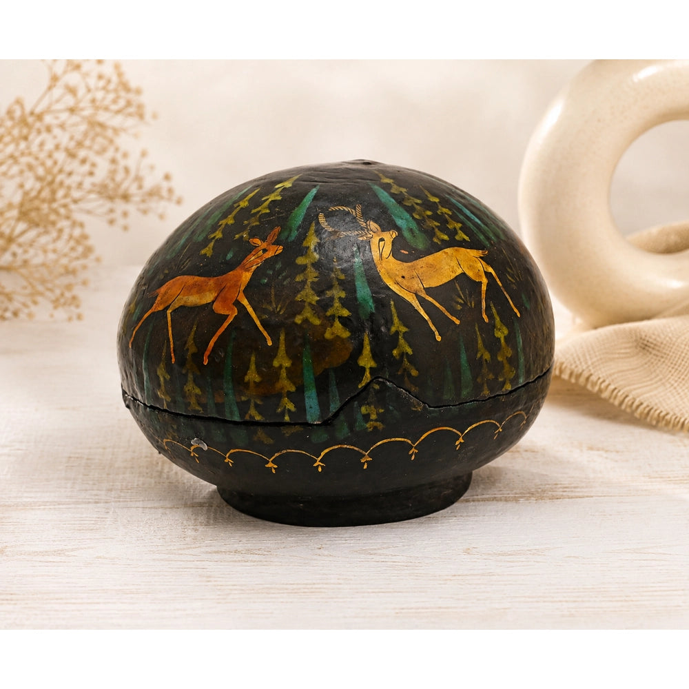 Antique papier-mâché box with hand-painted deer design, front view