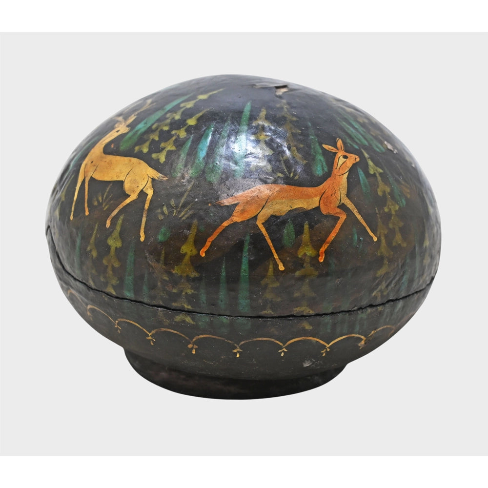 Side view of antique deer design papier-mâché box