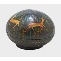 Side view of antique deer design papier-mâché box