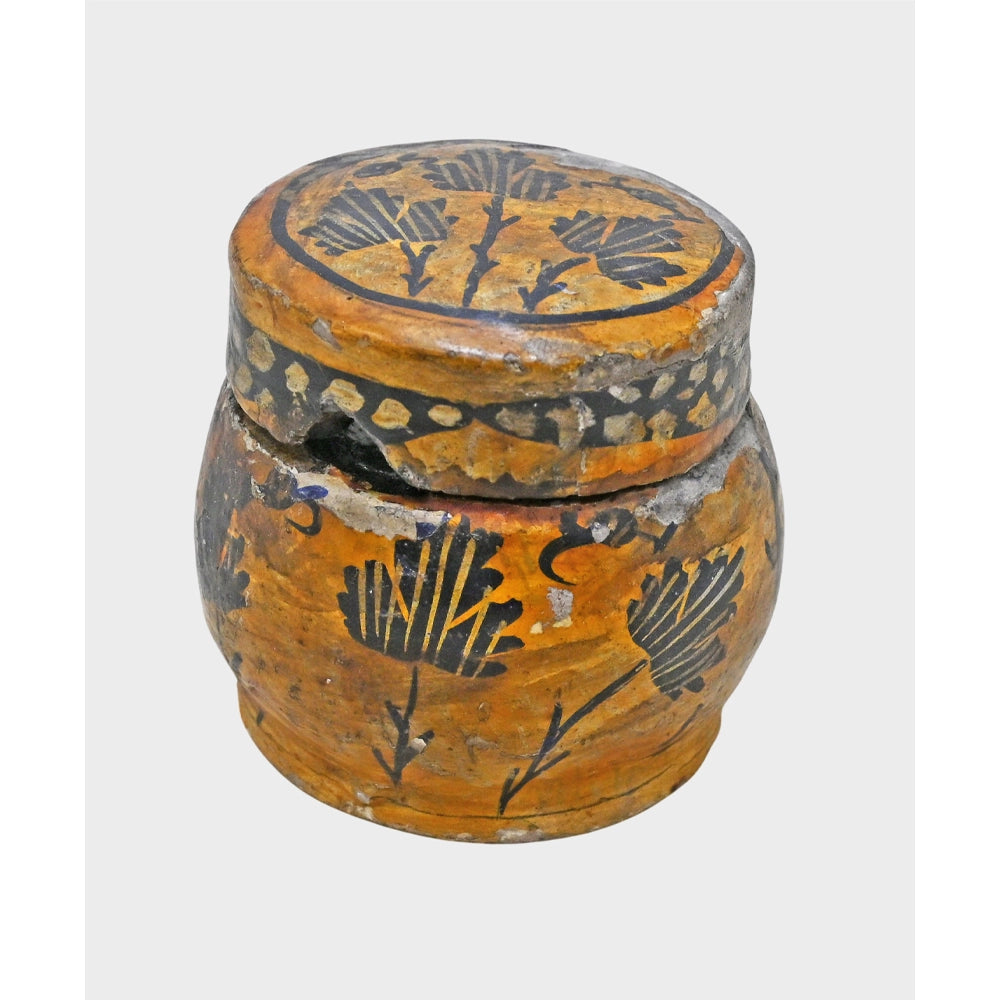 Close-up of painted decoration on papier-mâché box