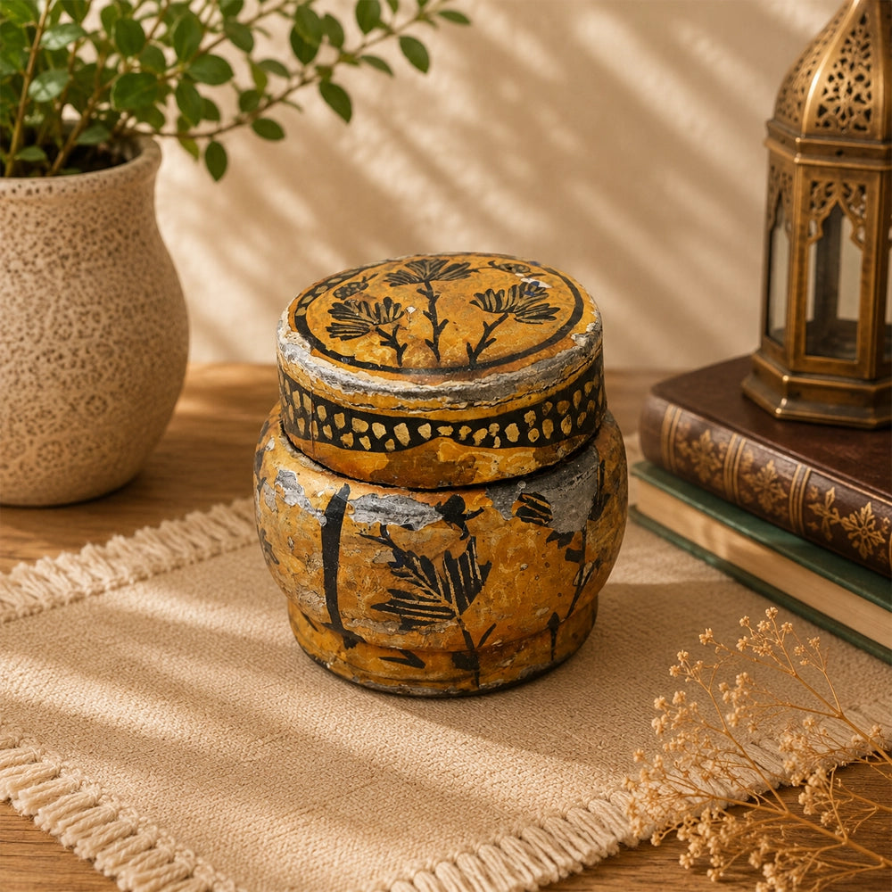 Antique hand-painted papier-mâché decorative box, front view