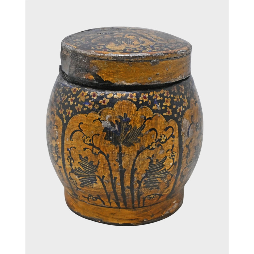 Side view of vintage floral storage box