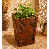 Vintage Handcrafted Wooden Planter – Intricate Jaali Carved Plant Holder - 2026083113UNQ