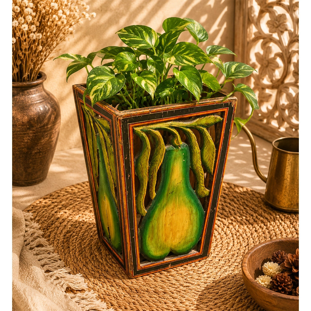 Vintage Handcrafted Wooden Planter – Intricate Jaali Carved Hand Painted Plant Holder - 2026083114UNQ