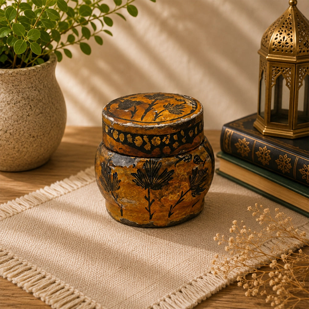 Hand-painted floral papier-mâché decorative box, front view