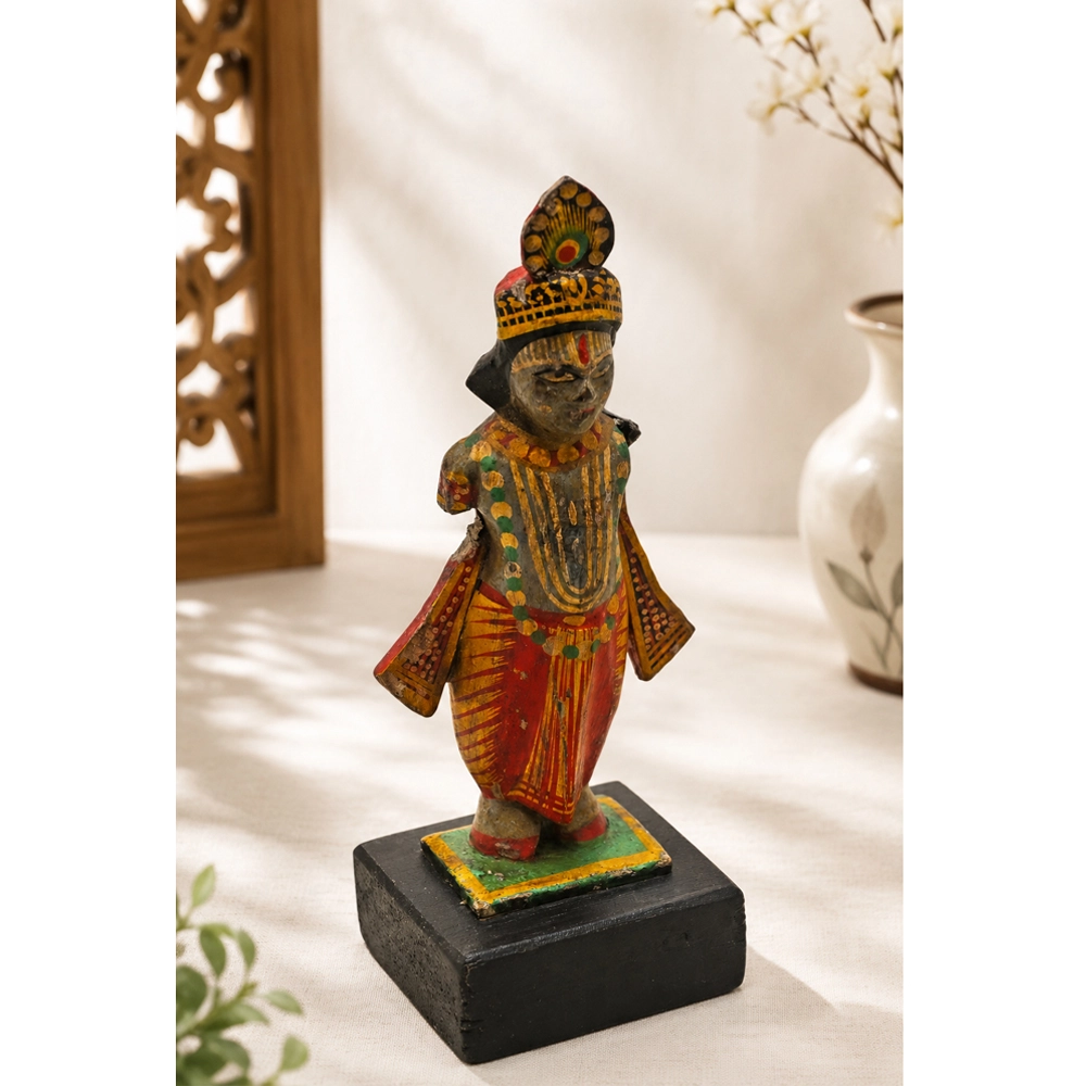 Handcrafted Wooden Lord Krishna Figurine with Traditional Folk Art - 2026082602UNQ