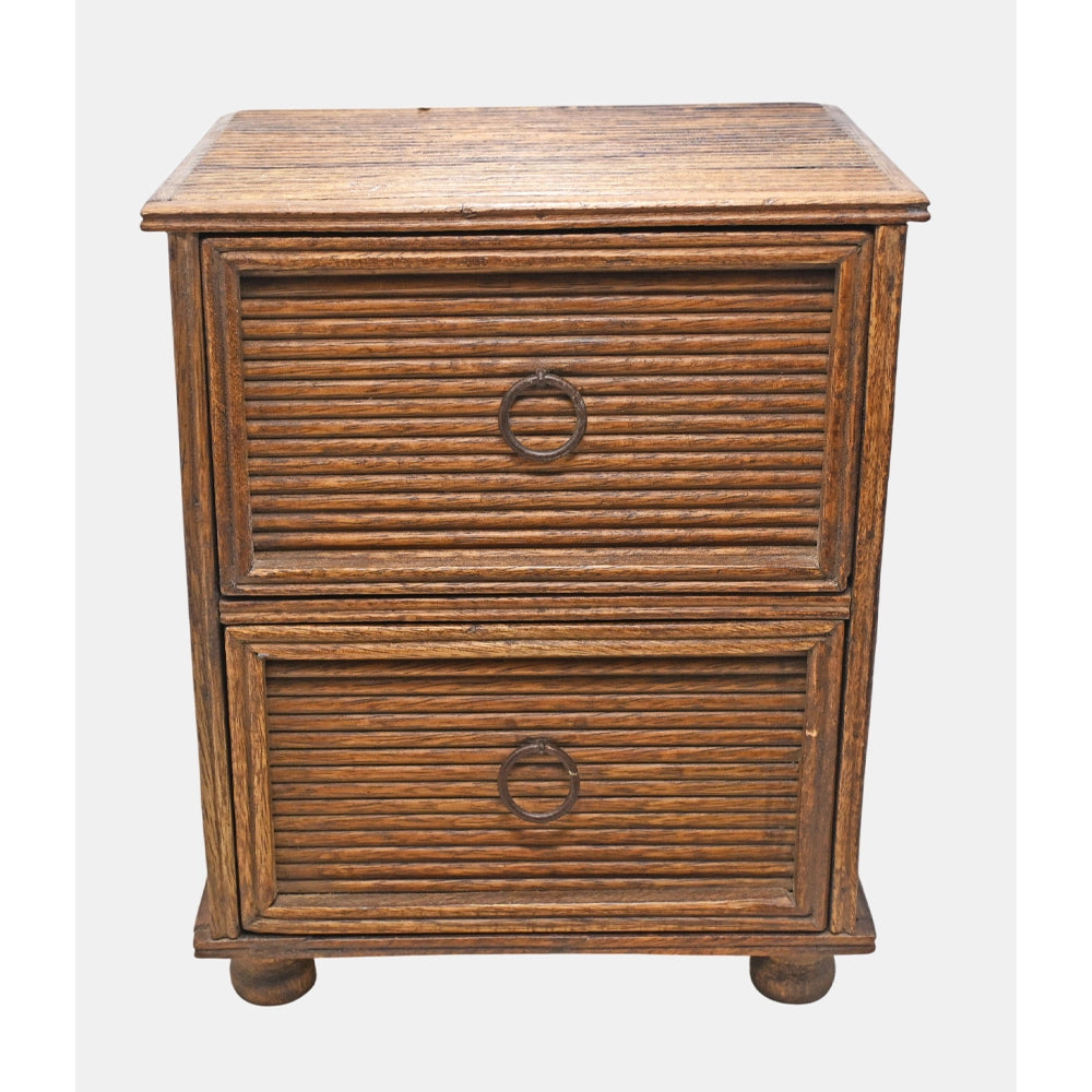 Wooden drawer cabinet showing ring handles, angled view