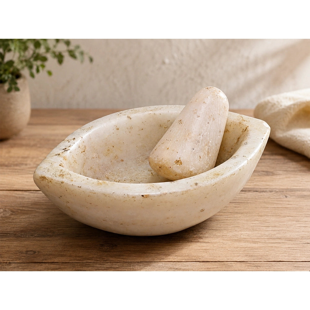 Handcrafted Oval Marble Mortar & Pestle – Traditional Stone Spice Grinder -