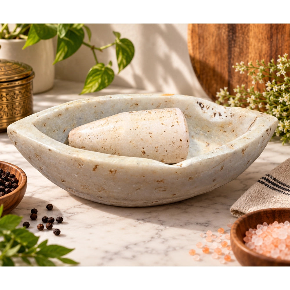 Antique Handicrafted White Marble Grinding Bowl called Karal With Mortar - 2026091111UNQ