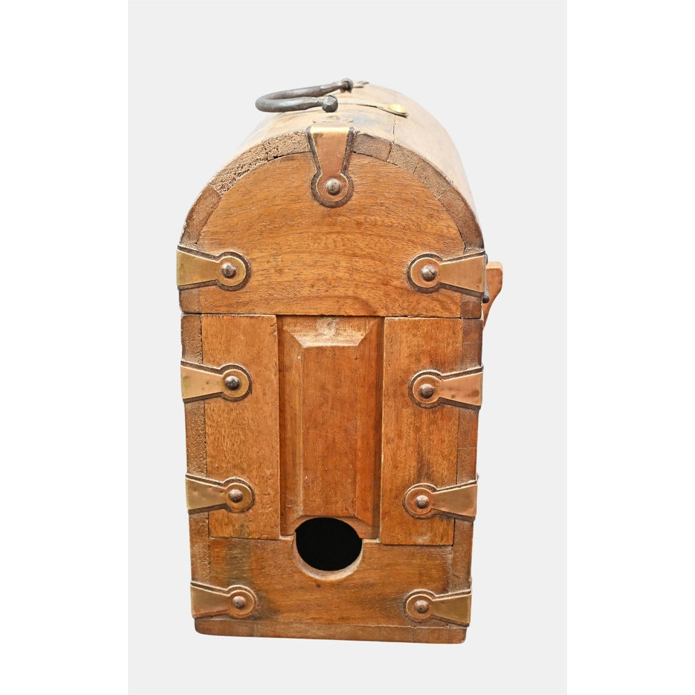 Rustic wooden wine bottle case, angled view