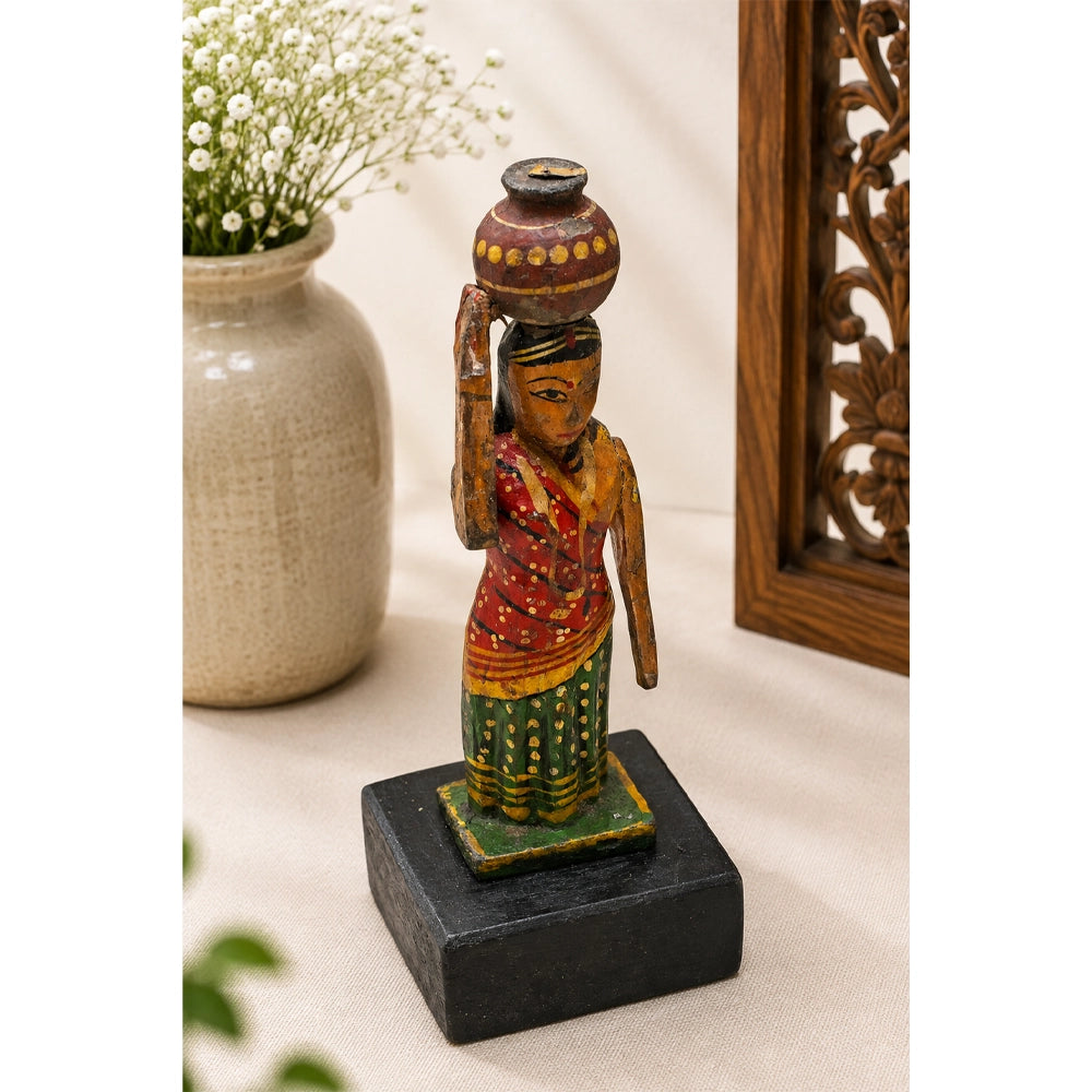 Handcrafted Wooden Rajasthani Woman with Matka – Traditional Folk Art - 2026082613UNQ