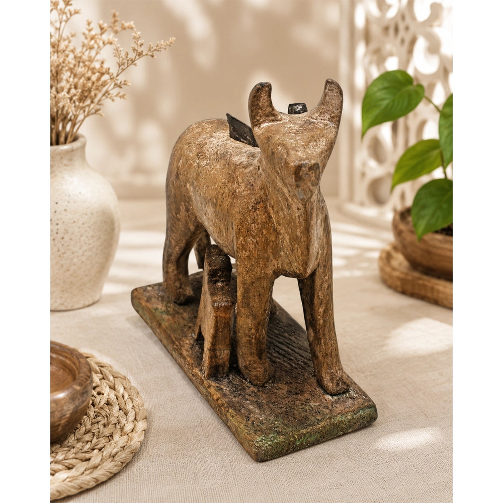 Handcrafted Vintage Wooden Cow & Calf Sculpture – Traditional Folk Art - 2026083103UNQ